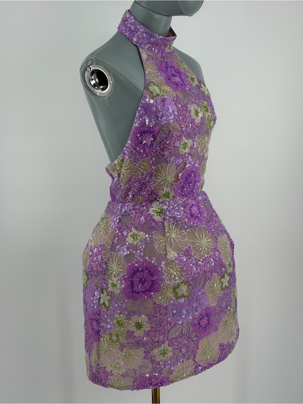 🆕 BRONX & BANCO 🧿 NWOT Deidre Floral Sequin Halter Mini Dress, Lilac Sz S US 4 - Picture 12 of 16